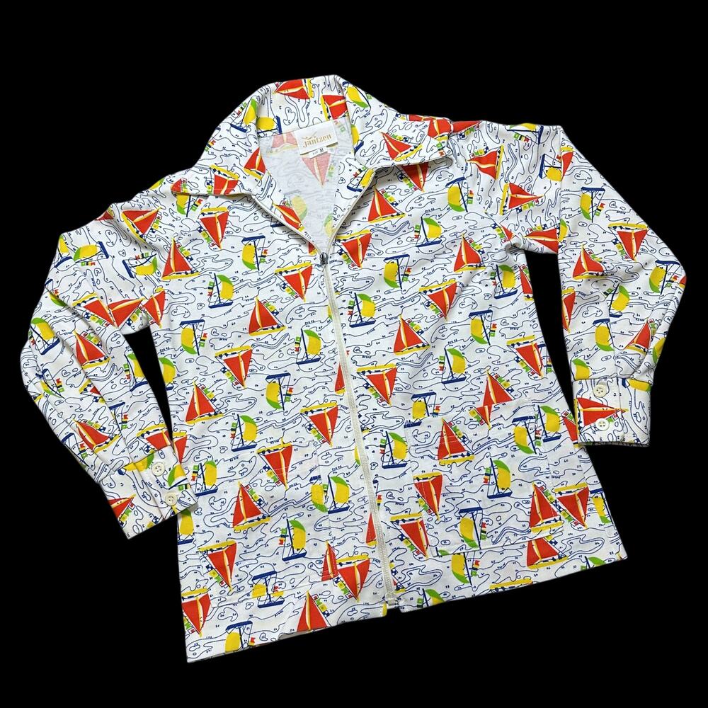 Vintage 70s Jantzen Disco Shirt Novelty Print Nautical Yacht Dagger Collar M